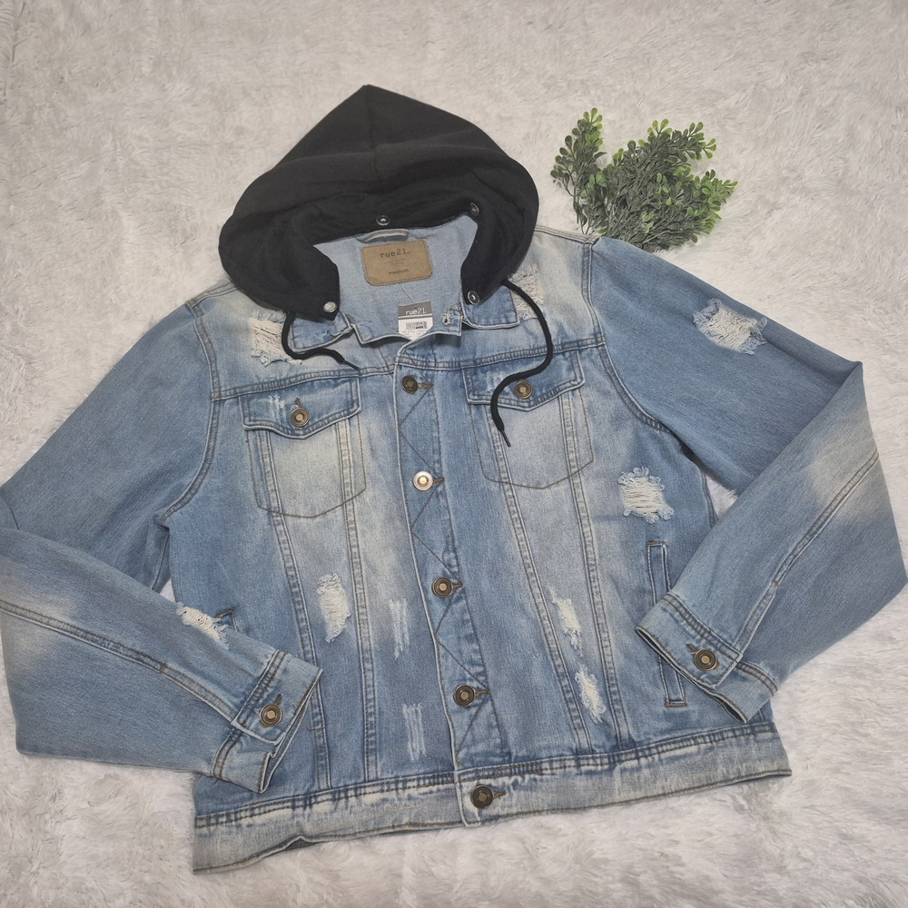 Rue21 Light Blue Destroyed Denim Jacket with Removable Black Hood M